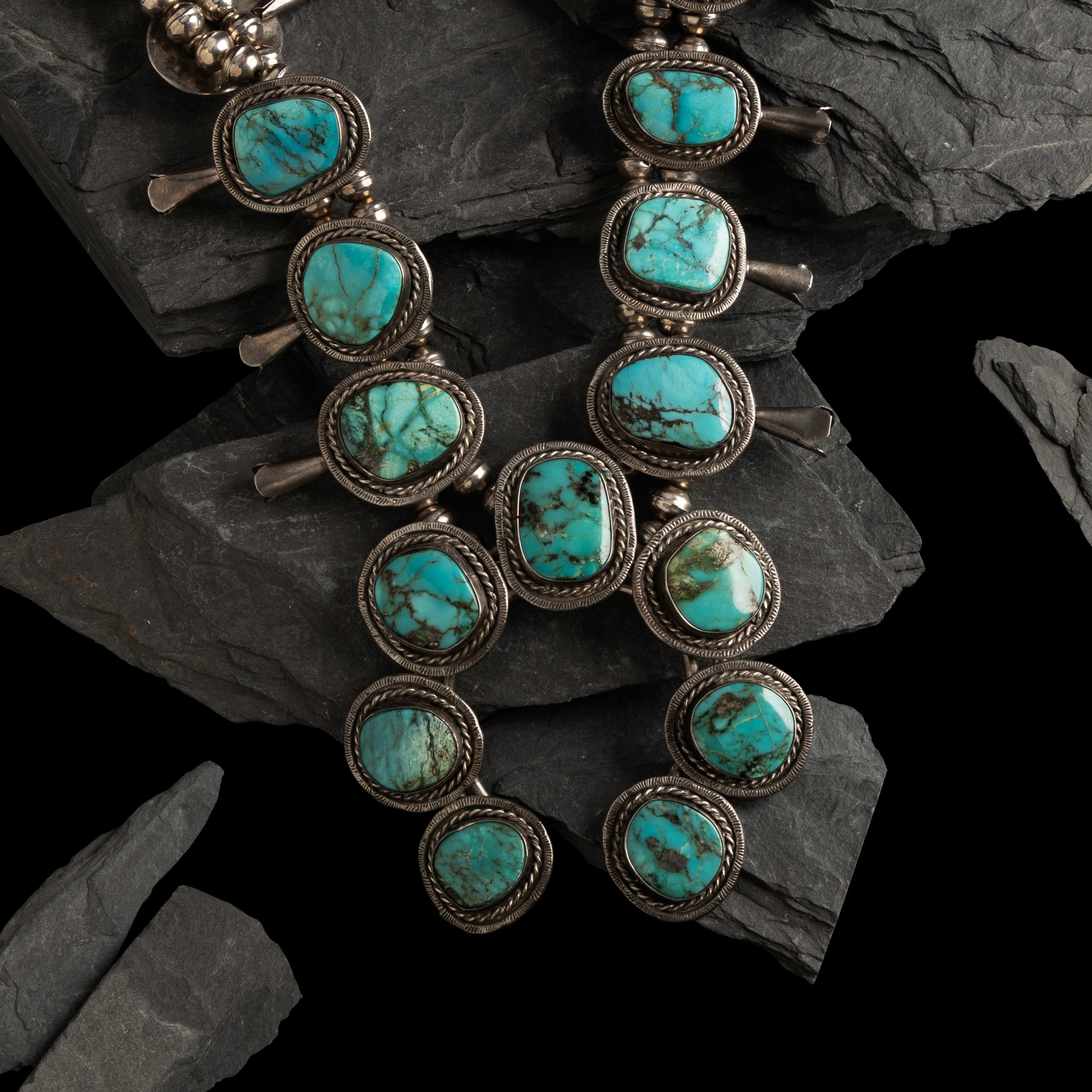 Navajo Silver and Turquoise Squash Blossom Necklace