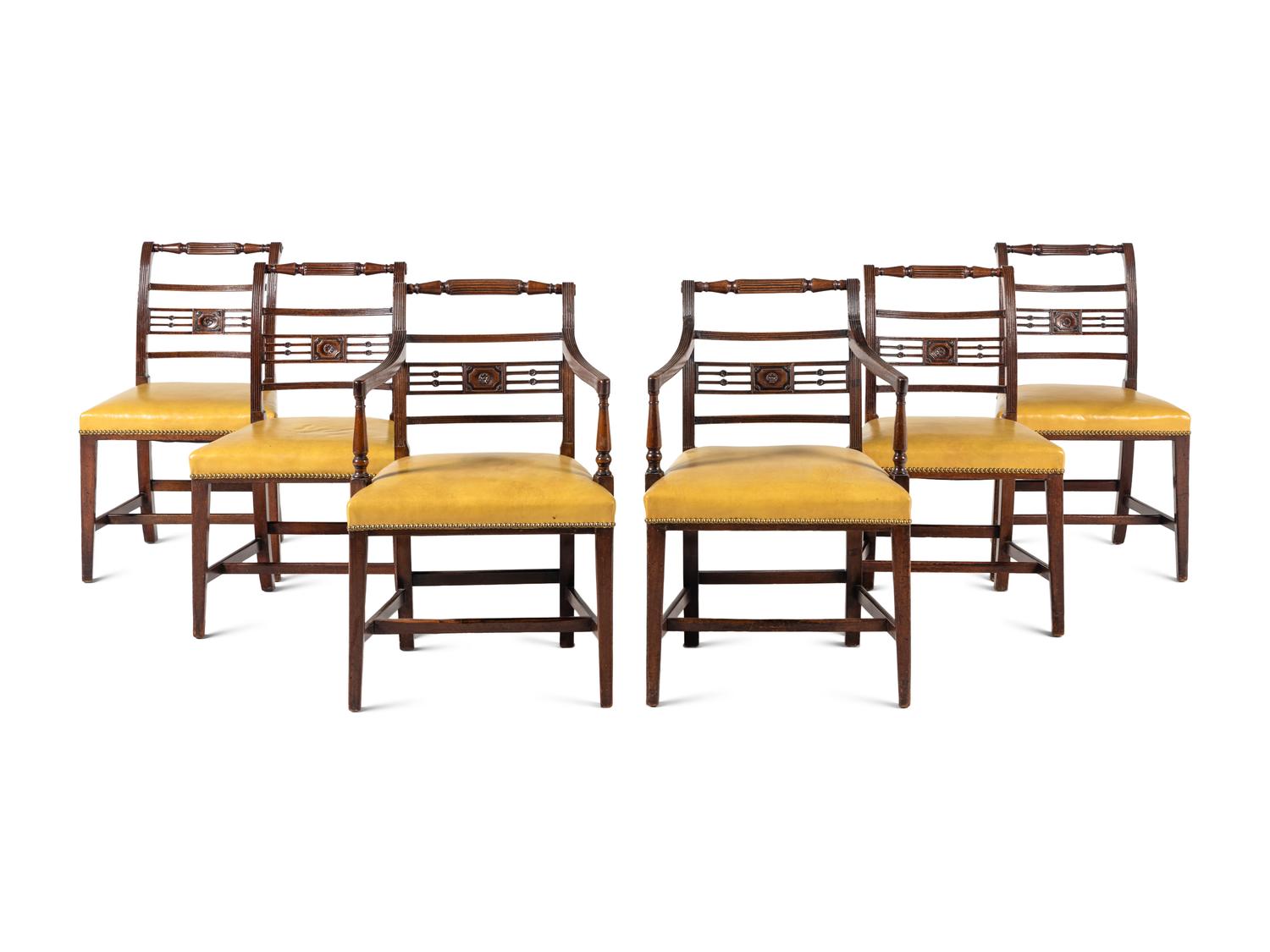 A Set of Six George III Mahogany Leather-Upholstered Dining Chairs