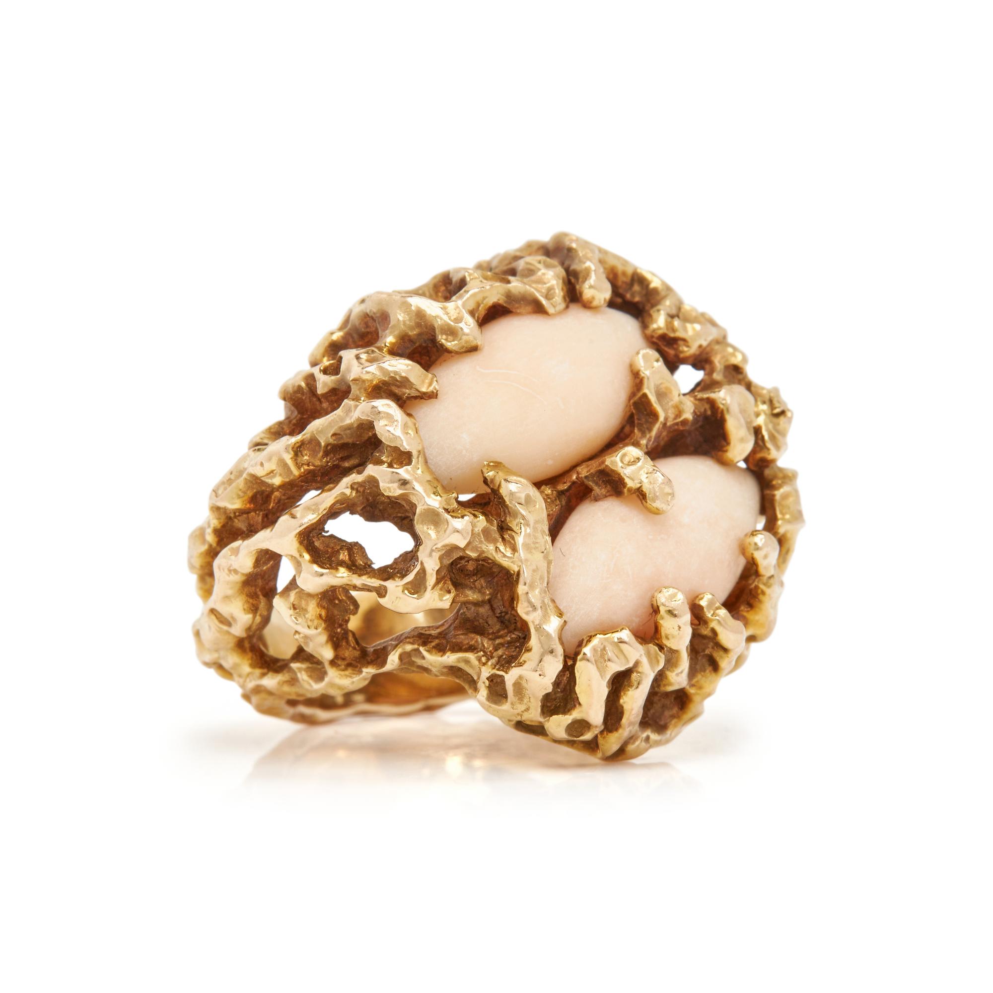 YELLOW GOLD AND ANGEL SKIN CORAL RING