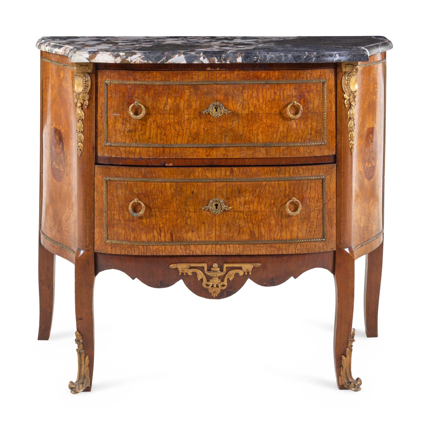 A Louis XV/XVI Transitional Style Gilt Bronze Mounted Marquetry Marble-Top Commode