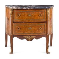 A Louis XV/XVI Transitional Style Gilt Bronze Mounted Marquetry Marble-Top Commode