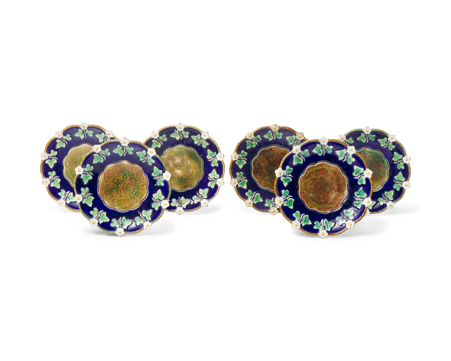 A Set of Six English "Strawberry Blossom" Majolica Plates with Cobalt Ground