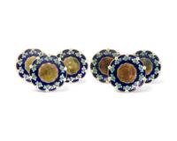 A Set of Six English "Strawberry Blossom" Majolica Plates with Cobalt Ground