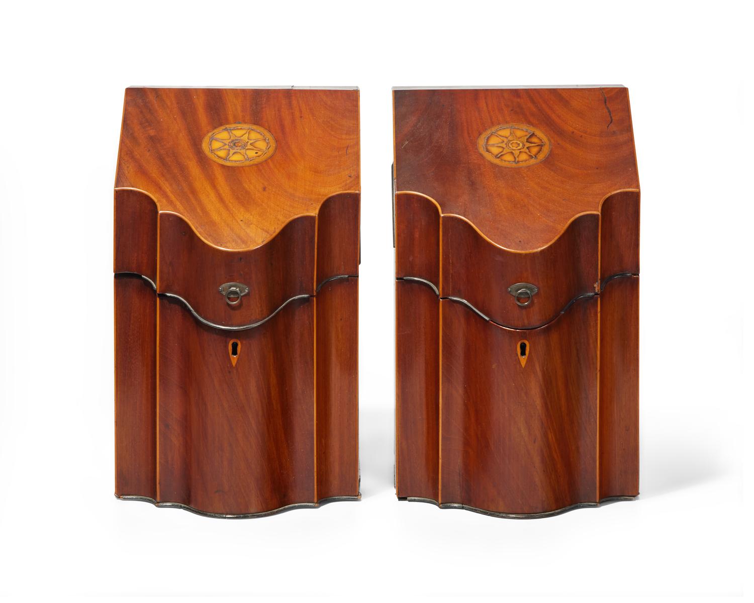 A pair of George III inlaid mahogany knife boxes, circa 1790