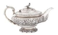 An English Silver Teapot, Richard Pierce & George Burrows II, London, 1829, having repousse decoration and a pheasant form finial.