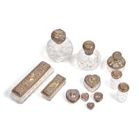 An Assembled Group of English and Mexican Sterling Silver-Mounted and Cut Glass Dressing Articles