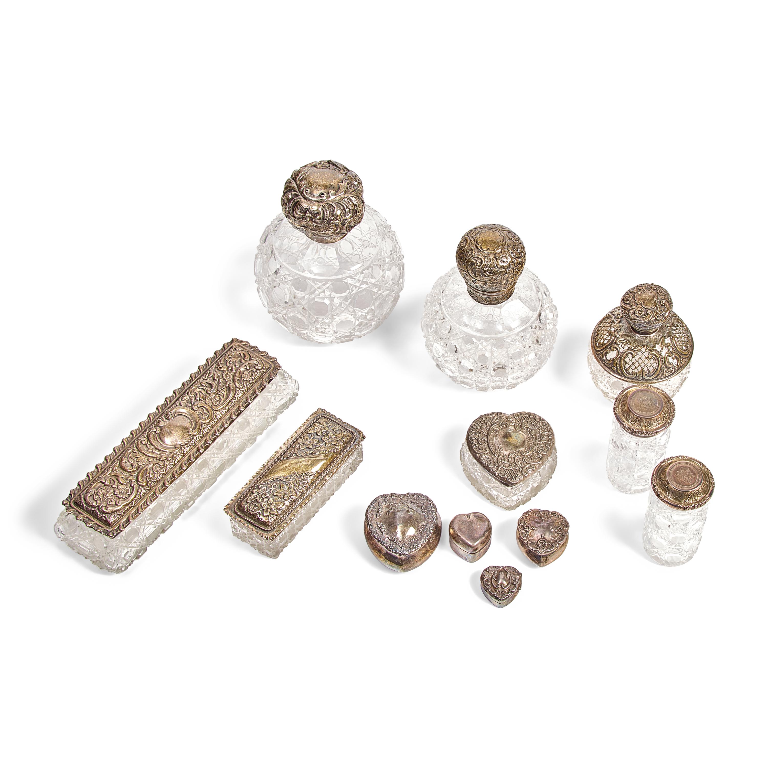 An Assembled Group of English and Mexican Sterling Silver-Mounted and Cut Glass Dressing Articles