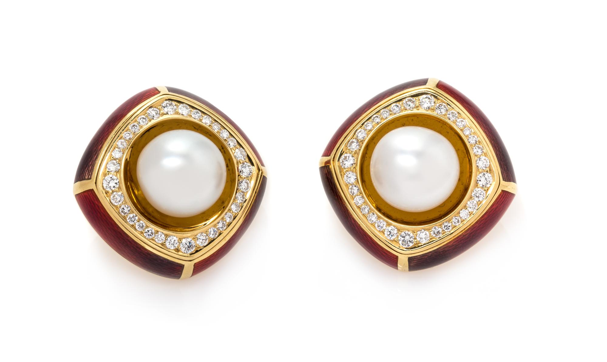 A Pair of 18 Karat Gold, Cultured Pearl, Diamond and Polychome Enamel Earclips, de Vroomen, 27.30 dwts.