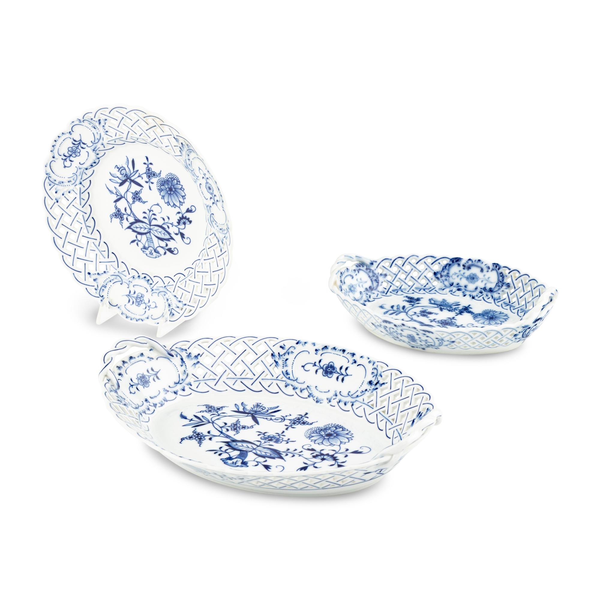 Three Meissen Porcelain Pierced Tablewares in the Blue Onion Pattern