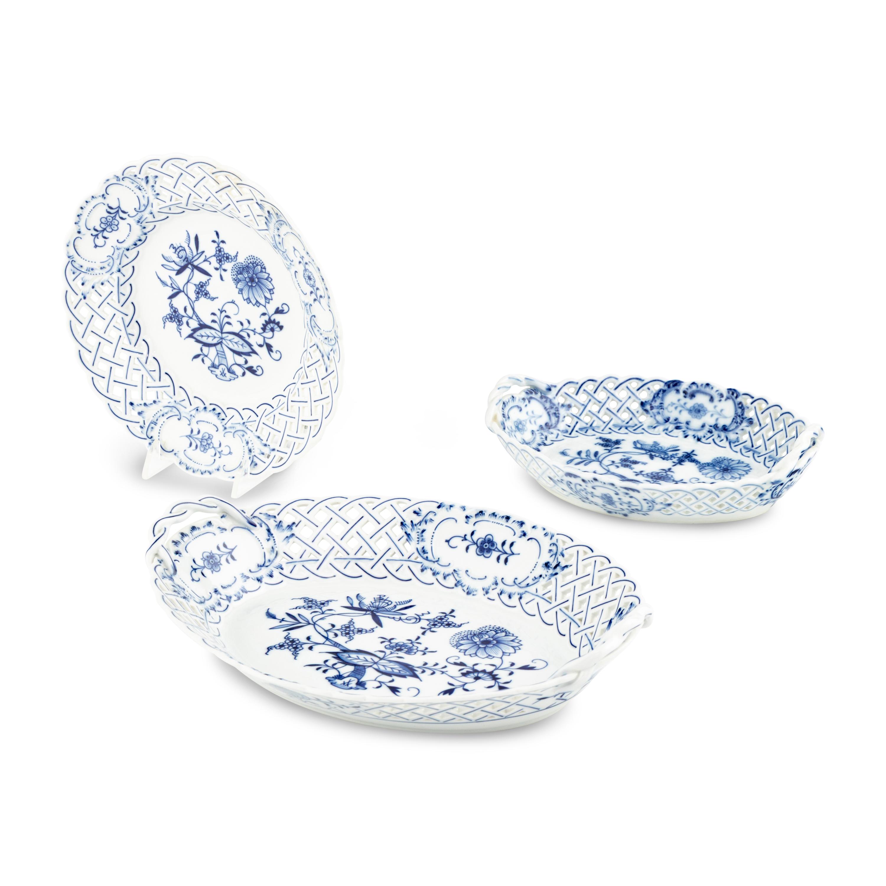 Three Meissen Porcelain Pierced Tablewares in the Blue Onion Pattern