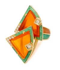 An 18 Karat Yellow Gold, Fire Opal, Diamond and Polychrome Enamel Ring, 13.50 dwts.