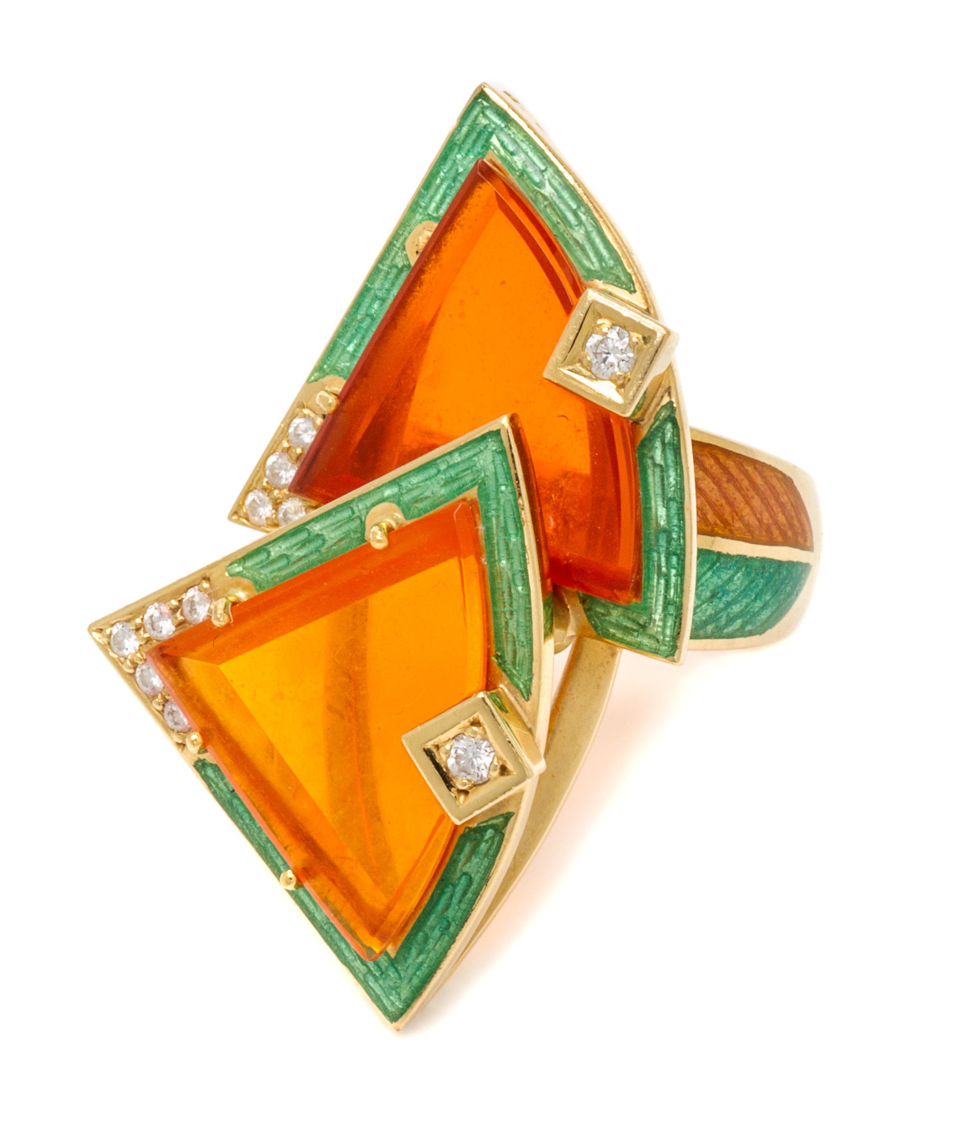 An 18 Karat Yellow Gold, Fire Opal, Diamond and Polychrome Enamel Ring, 13.50 dwts.