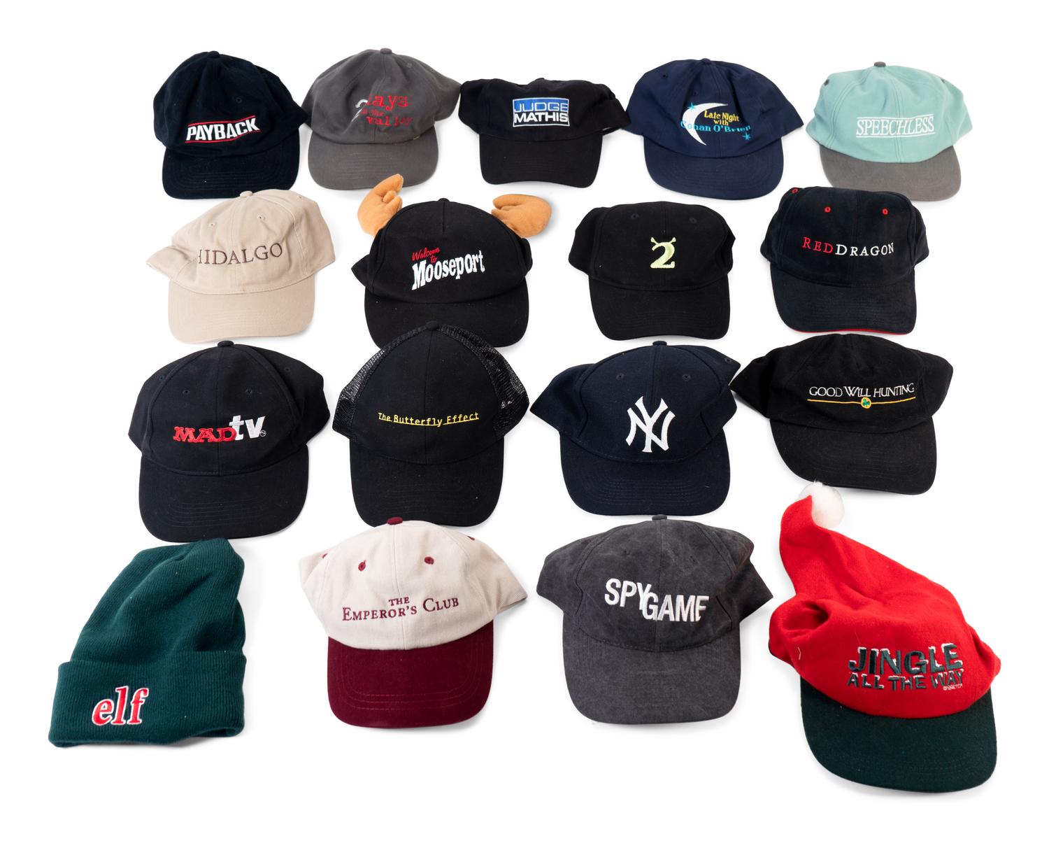 (Film Clothes) A group of unsigned baseball caps and hats from movies and TV shows, comprising: