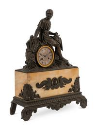 An Empire Style Patinated Bronze and Marble Figural Mantel Clock