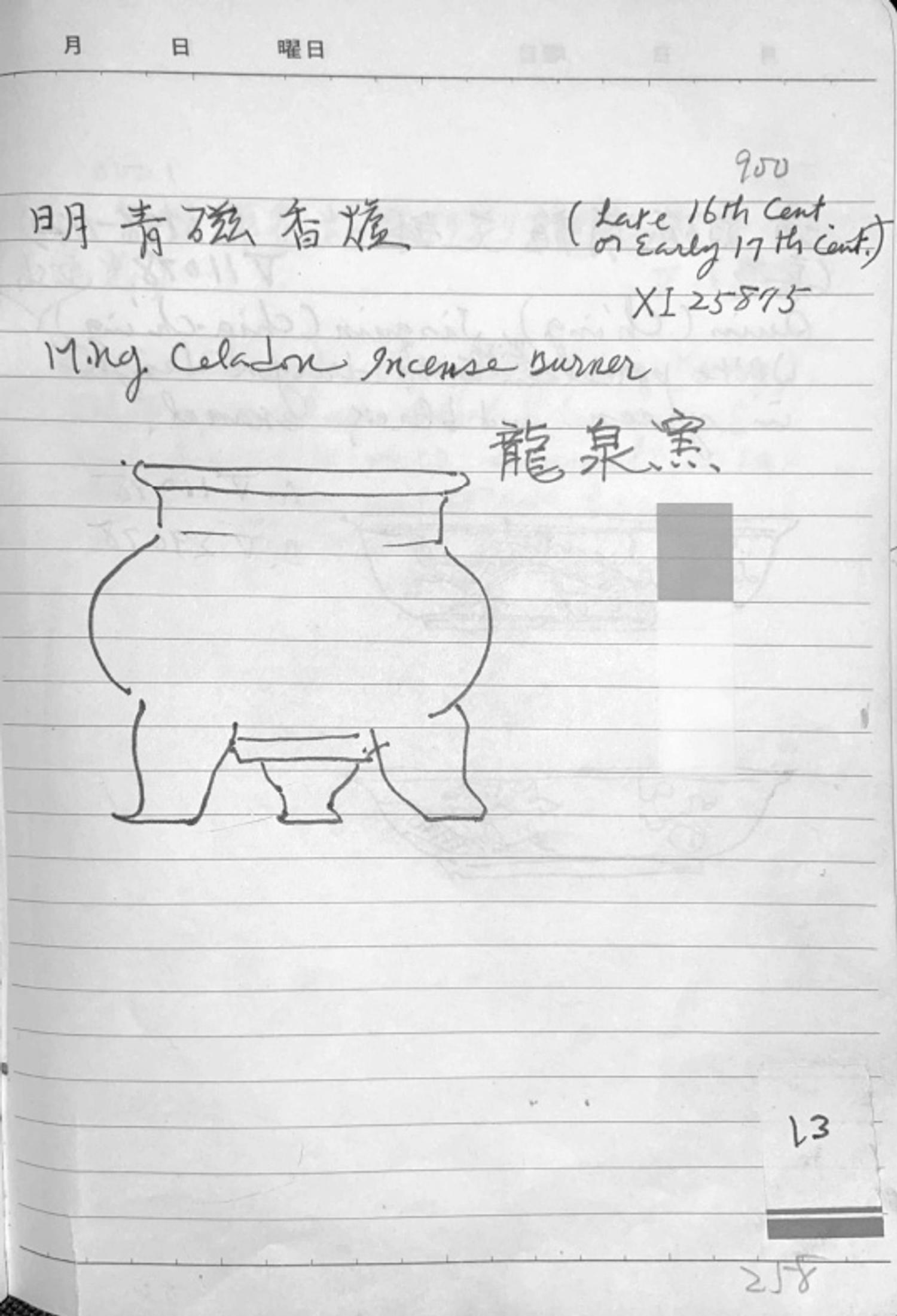 A Chinese Longquan Celadon Glazed Porcelain Tripod Censer