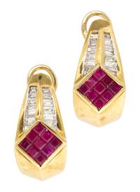 A Pair of Yellow Gold, Ruby and Diamond Earclips, 9.00 dwts.