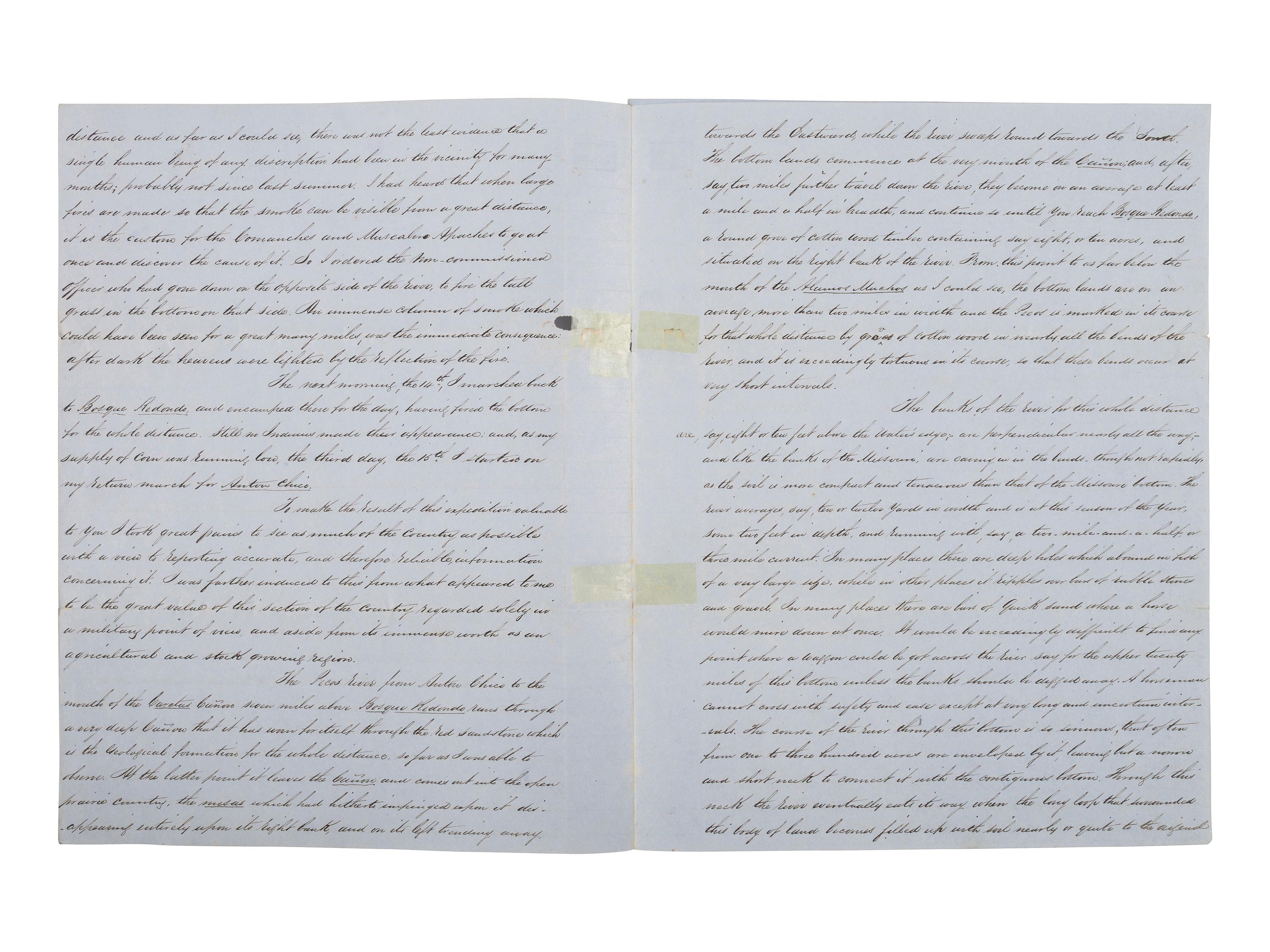 [WESTERN AMERICANA]. CARLETON, Major General James Henry (1814-1873). Extract of a report on the "Bosque Redondo" region of New Mexico signed ("James Henry Carleton") as Bvt. Major and submitted to the Governor of New Mexico, [ca 1852].