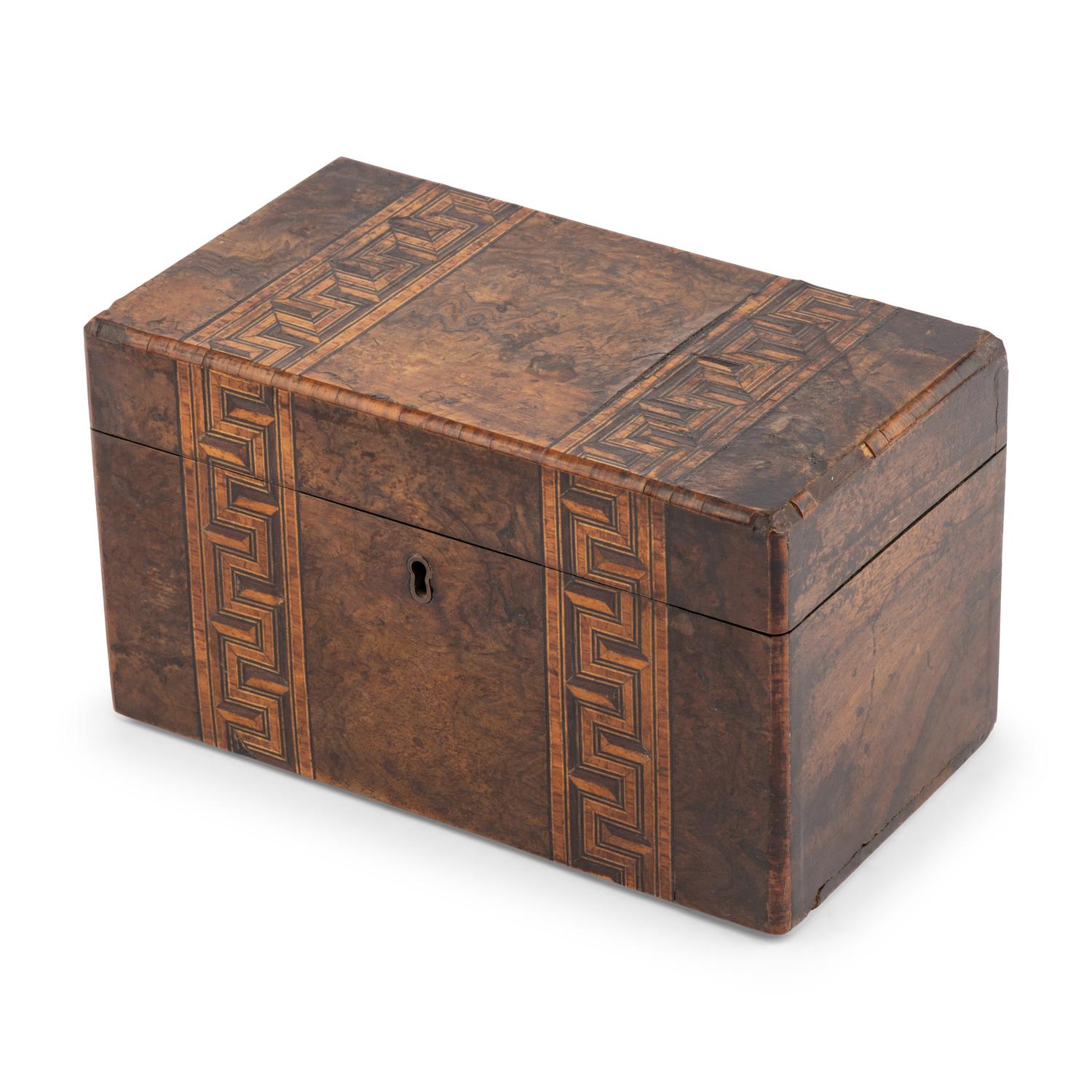 An English Burlwood and Parquetry Decorated Tea Caddy