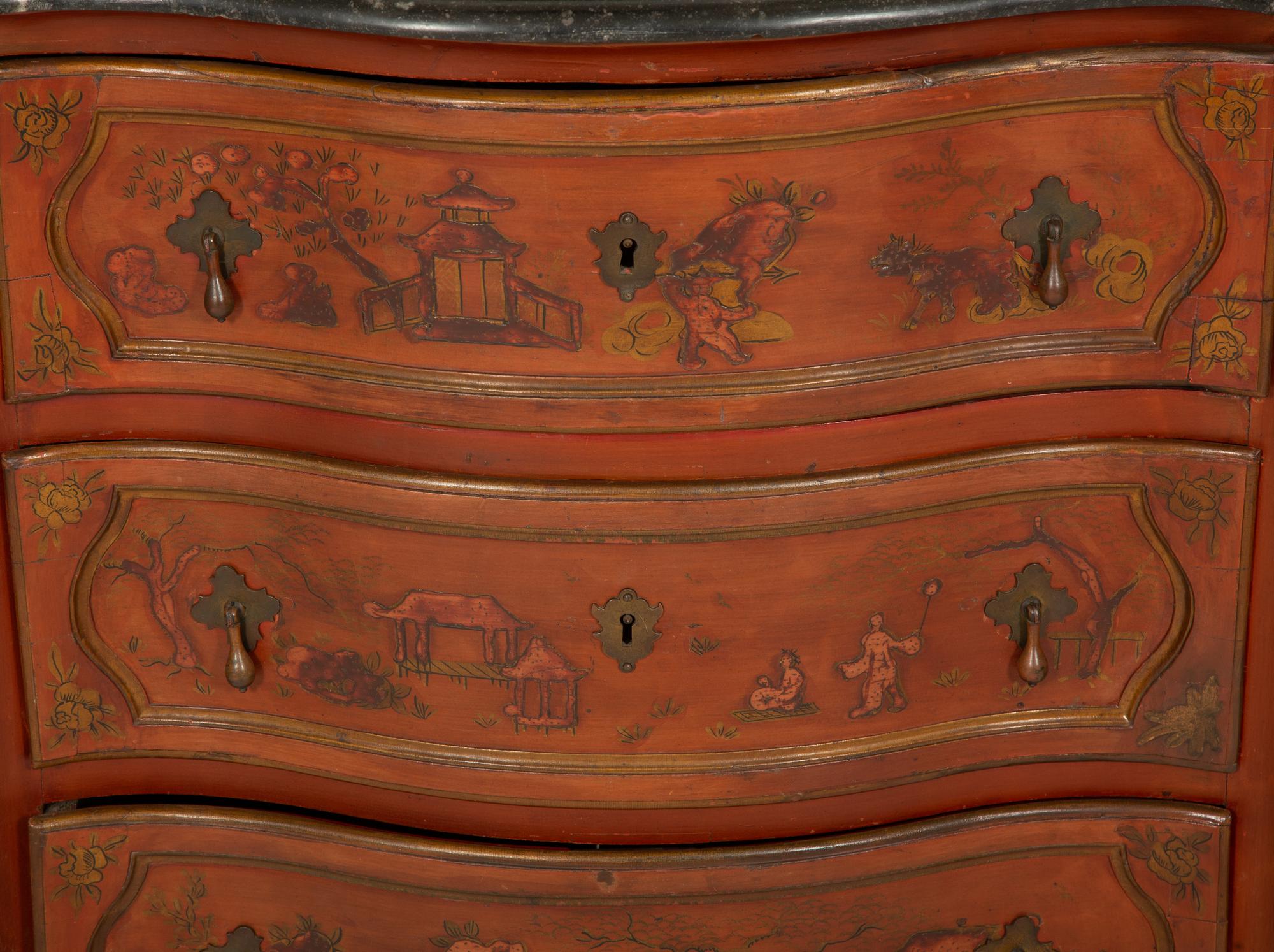 A Louis XV Style Red Japanned Marble-Top Serpentine Commode