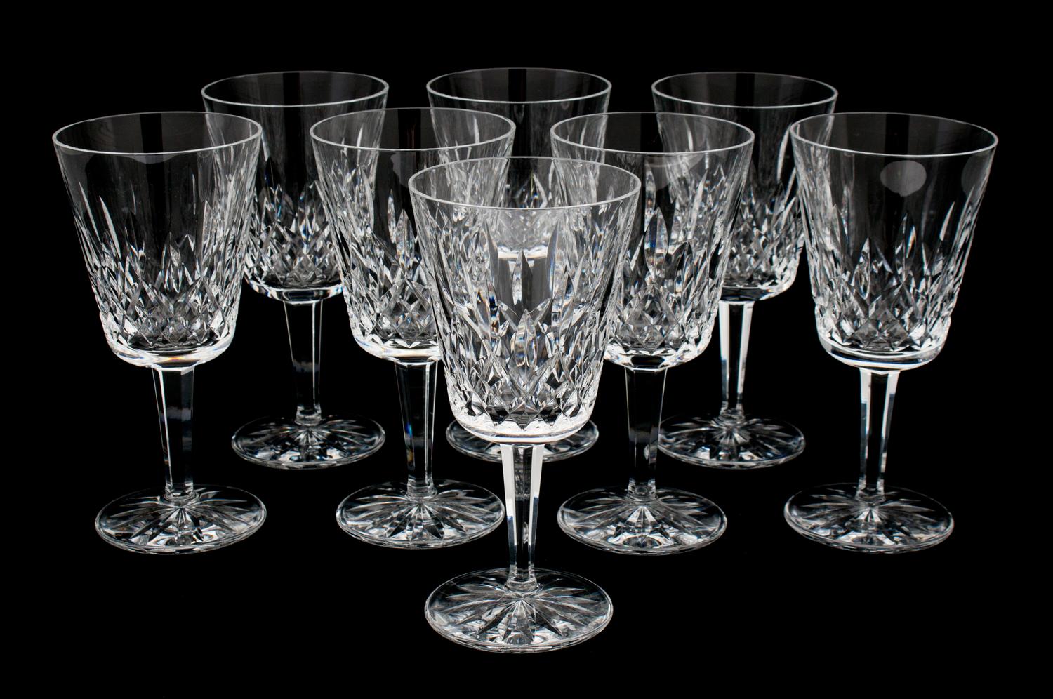 A Set of Eight Waterford Cut Crystal Goblets Height 6 7/8 inches.