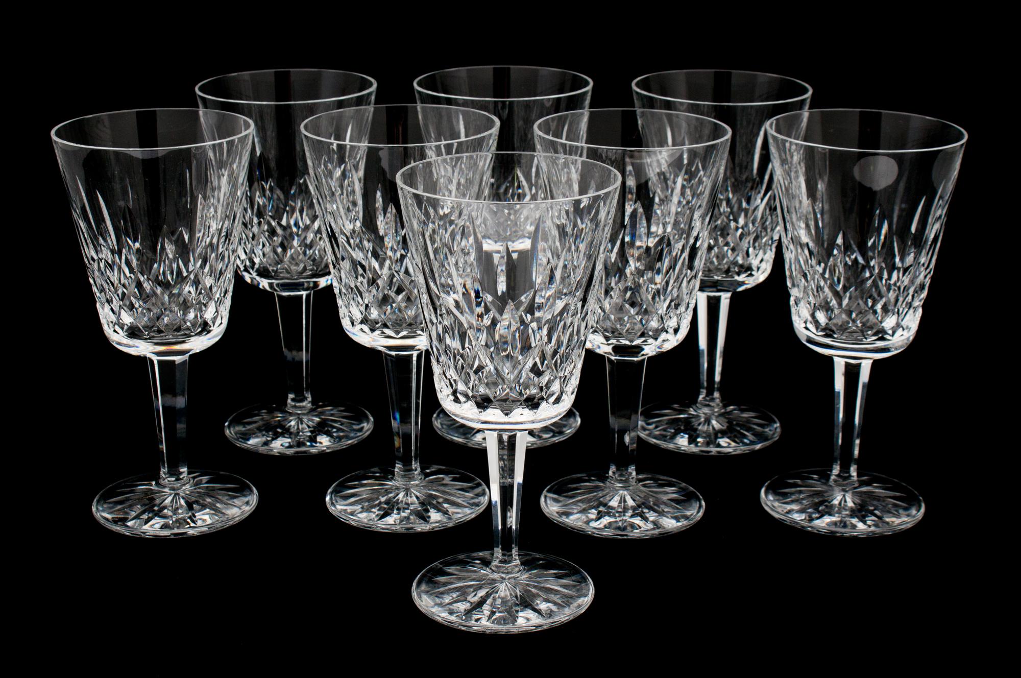 A Set of Eight Waterford Cut Crystal Goblets Height 6 7/8 inches.