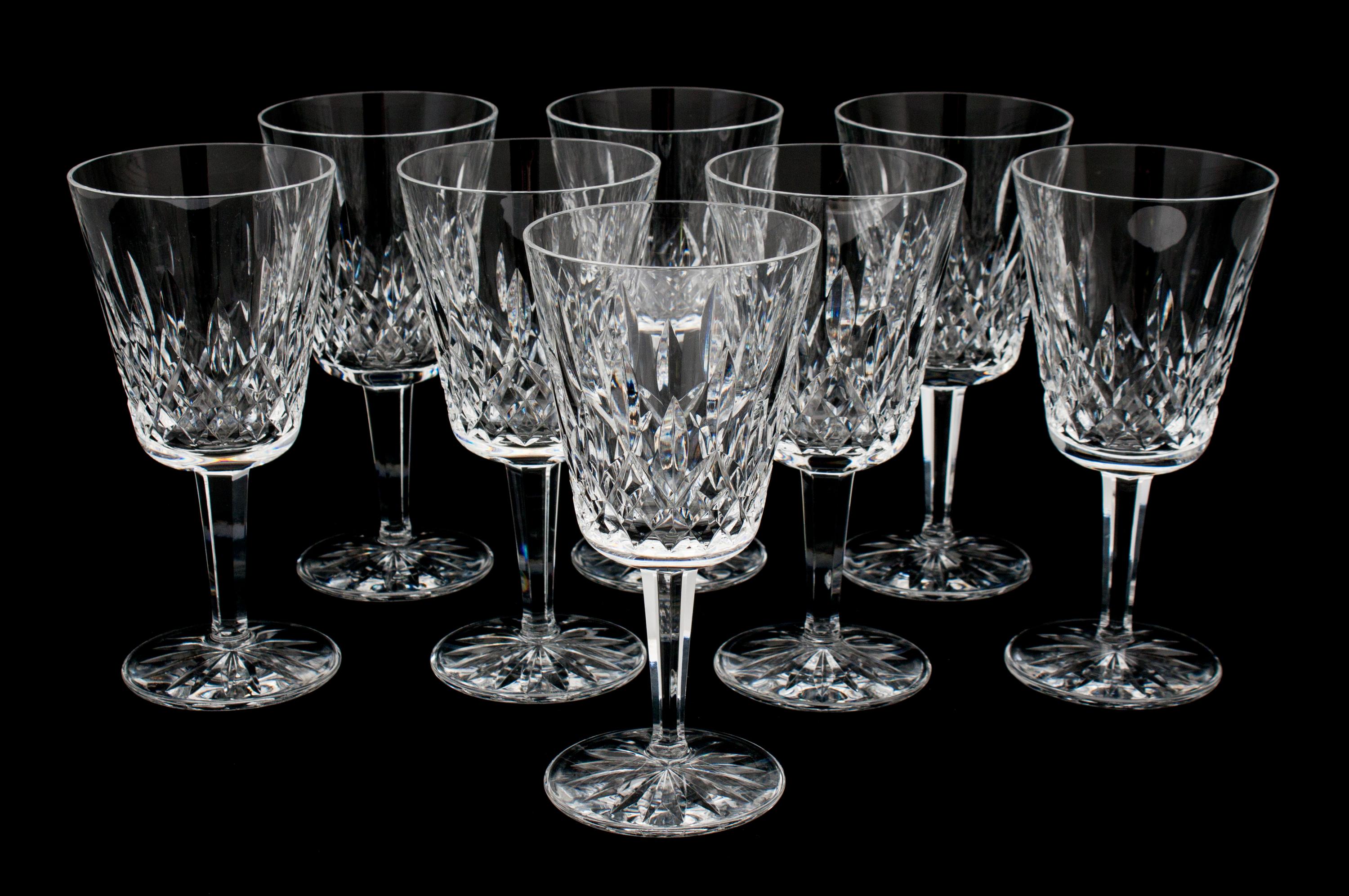 A Set of Eight Waterford Cut Crystal Goblets Height 6 7/8 inches.