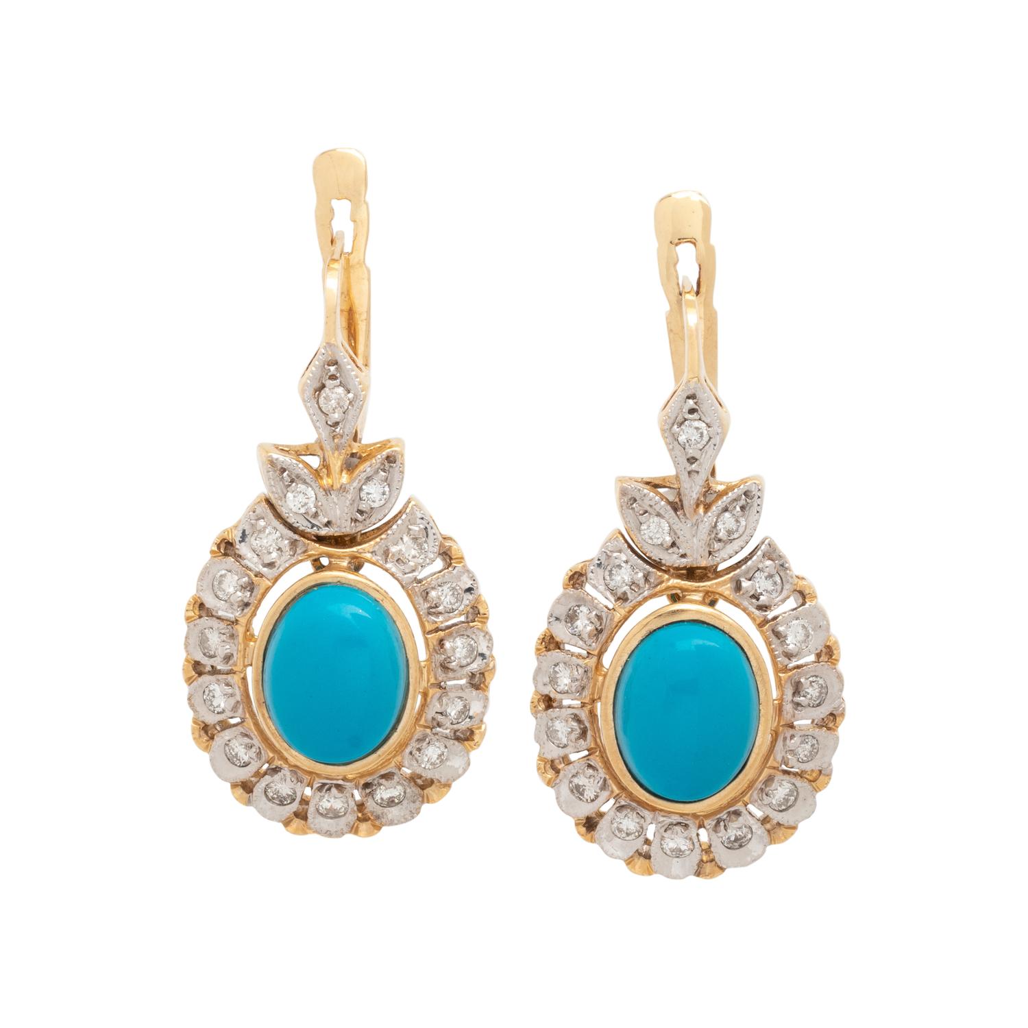 BICOLOR GOLD, TREATED TURQUOISE AND DIAMOND EARRINGS
