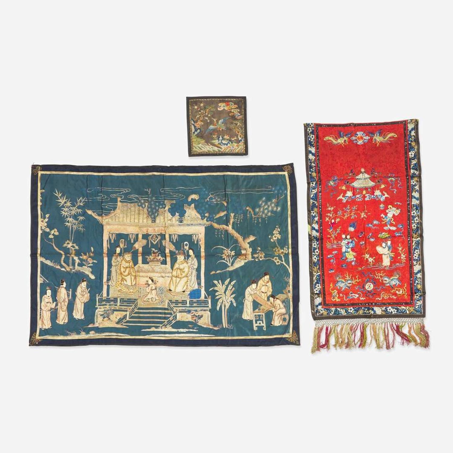 A group of three Chinese embroidered silk textiles 刺繡一組三件 Qing dynasty ?