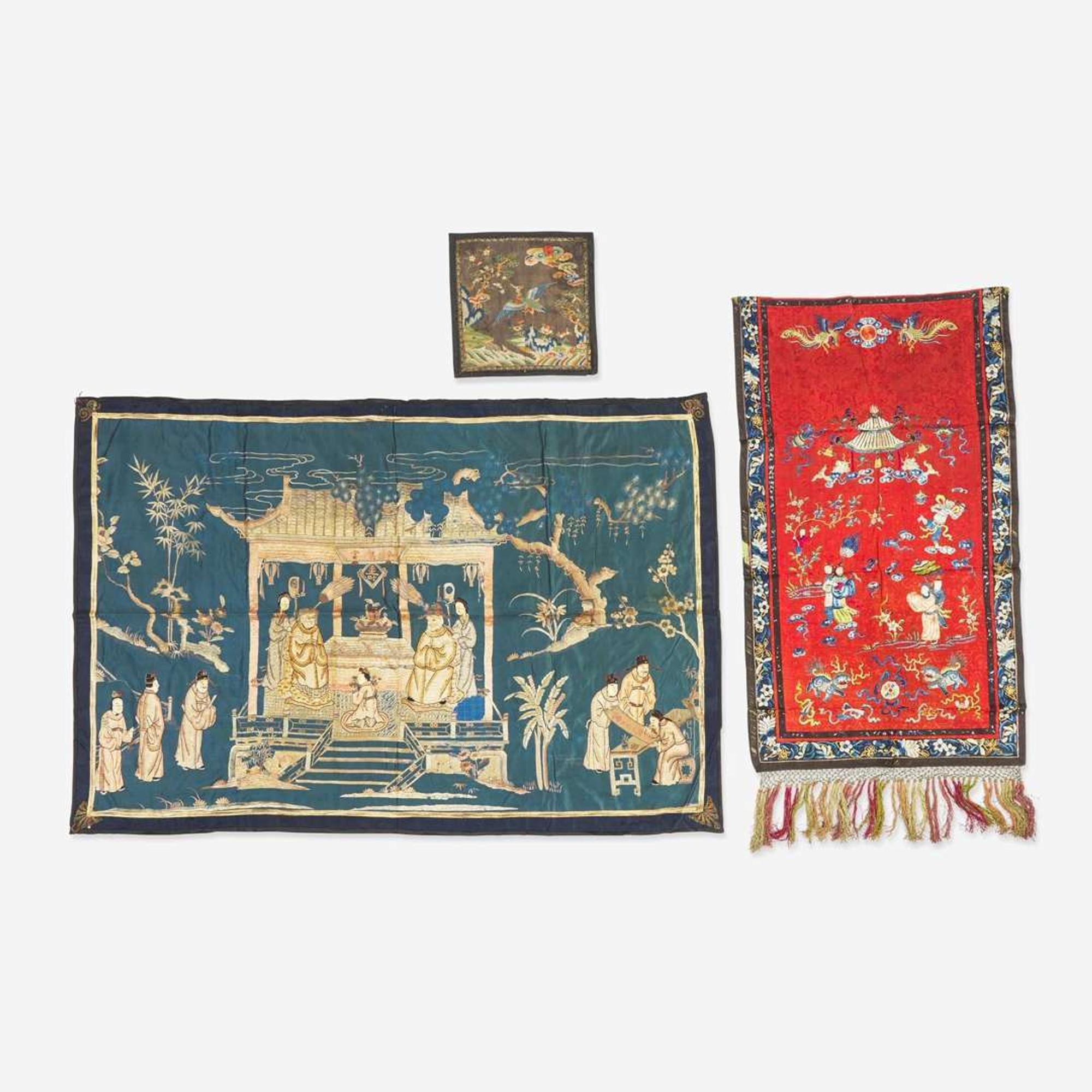 A group of three Chinese embroidered silk textiles 刺繡一組三件 Qing dynasty ?