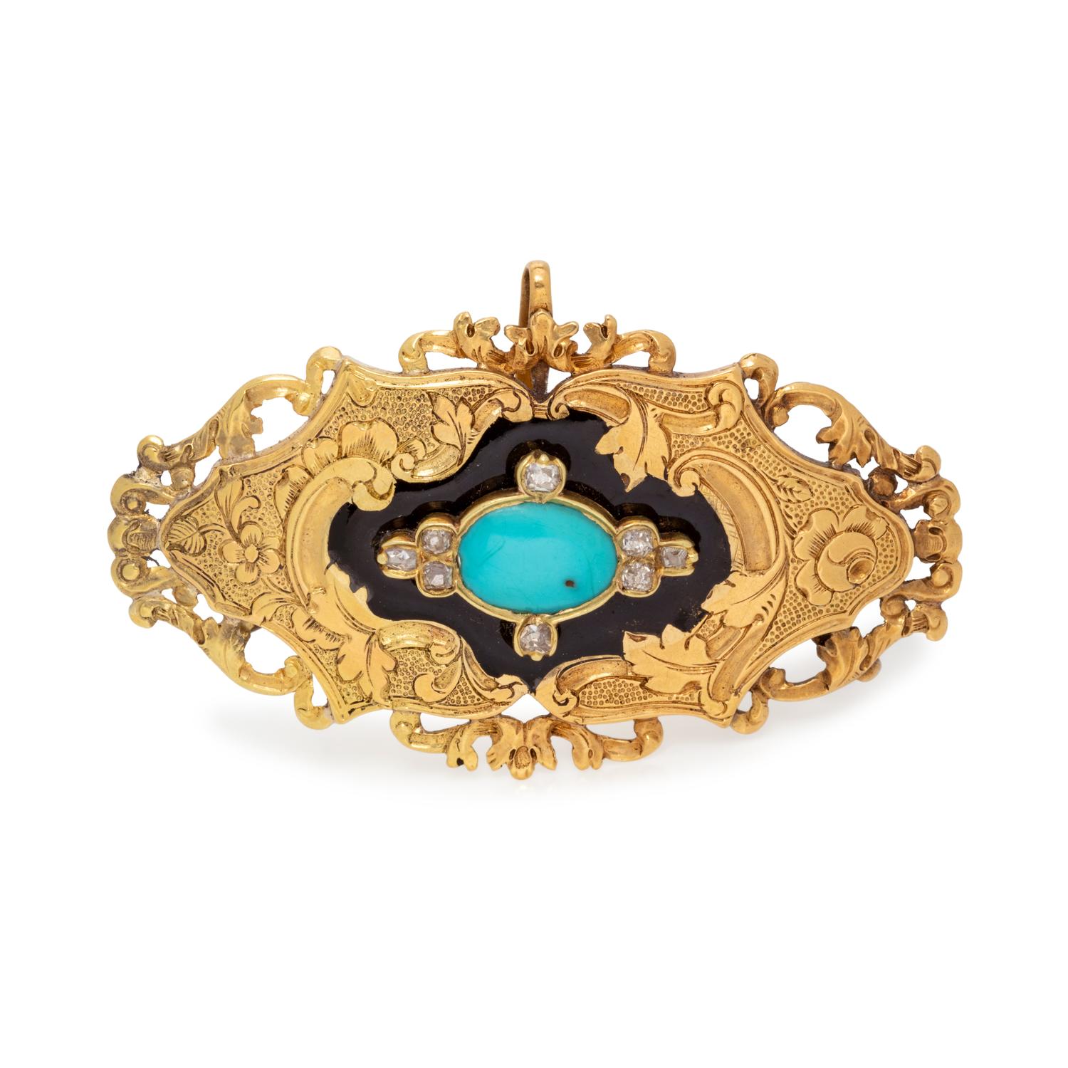 YELLOW GOLD, TURQUOISE, DIAMOND AND ENAMEL PENDANT/BROOCH