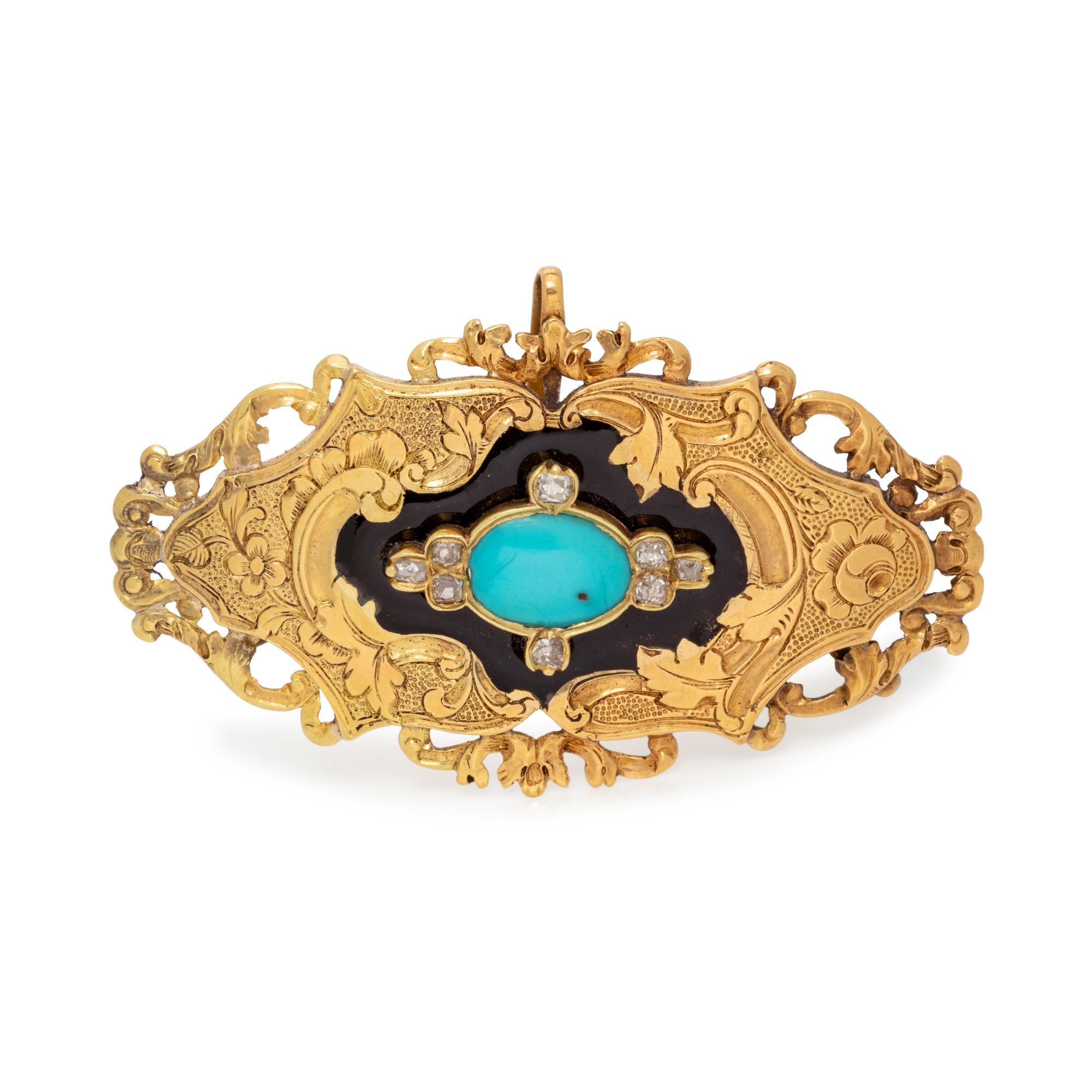 YELLOW GOLD, TURQUOISE, DIAMOND AND ENAMEL PENDANT/BROOCH