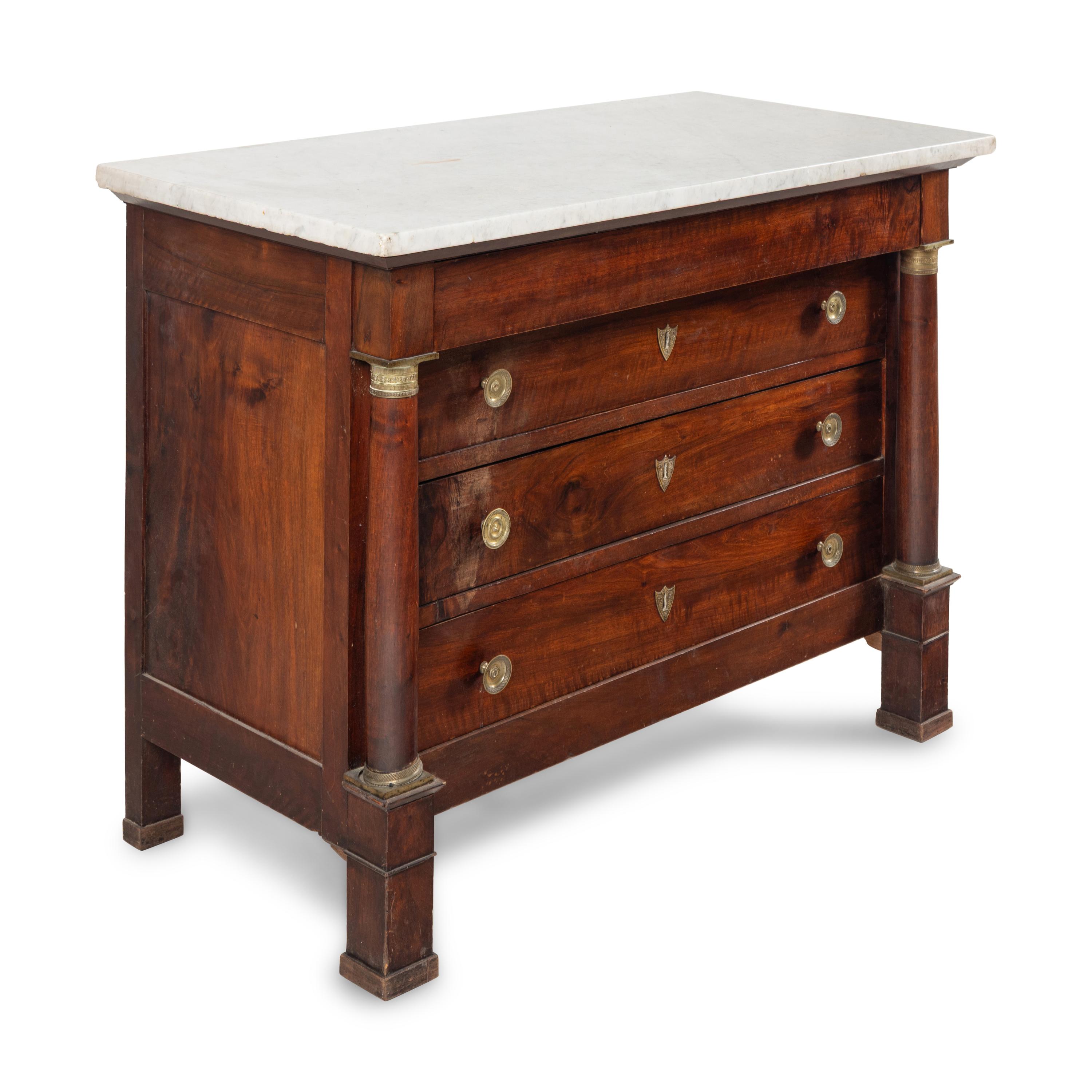 An Empire Gilt-Metal Mounted Walnut Marble-Top Commode