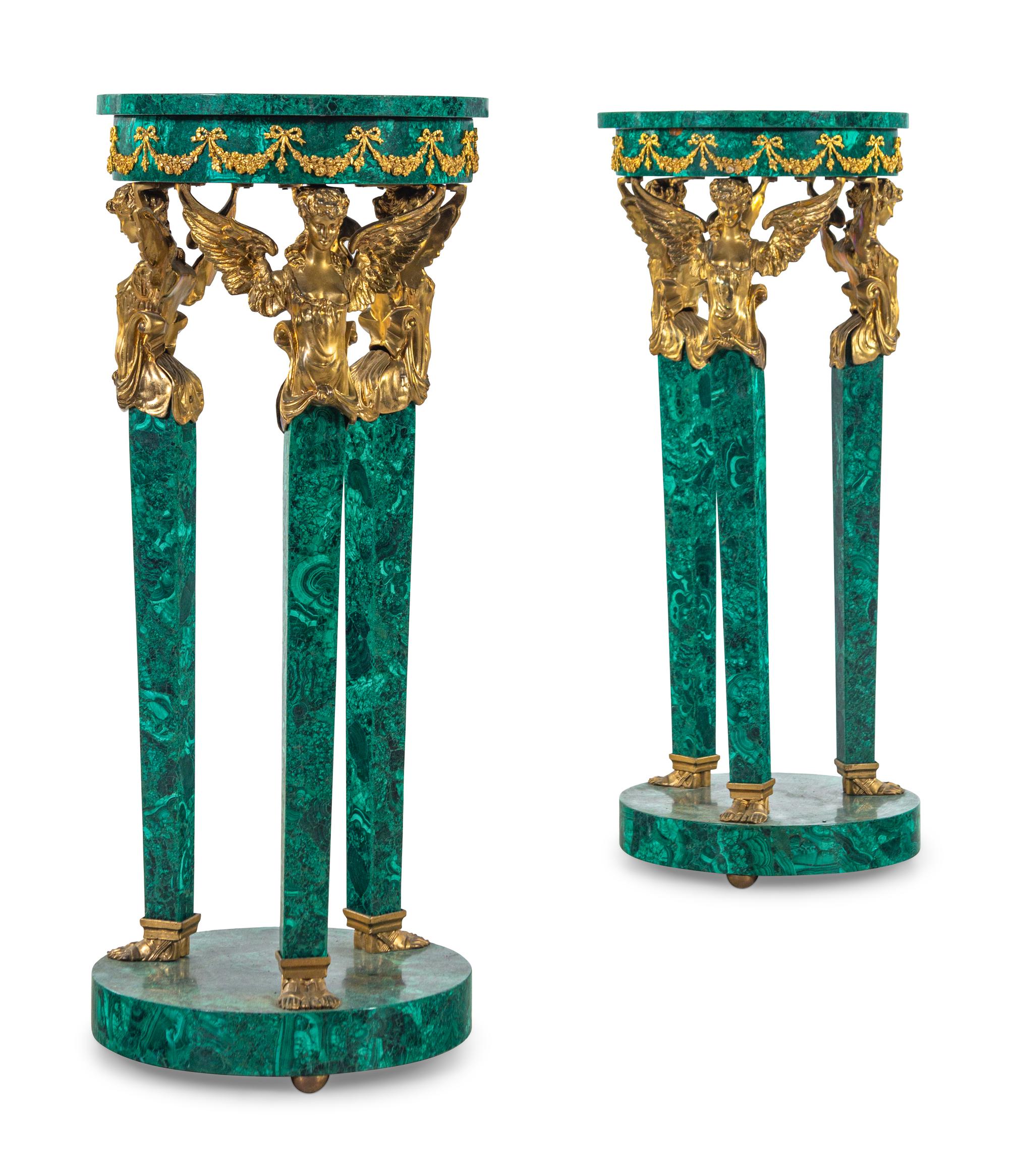 A Pair of Empire Style Gilt Metal Mounted Malachite Veneered Pedestals