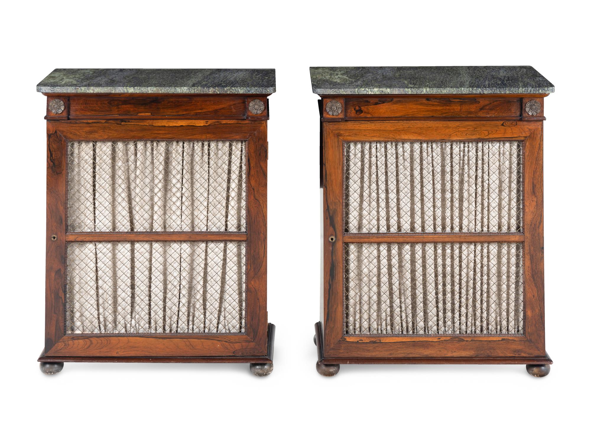 A Pair of Regency Style Indian Rosewood Marble-Top Cabinets