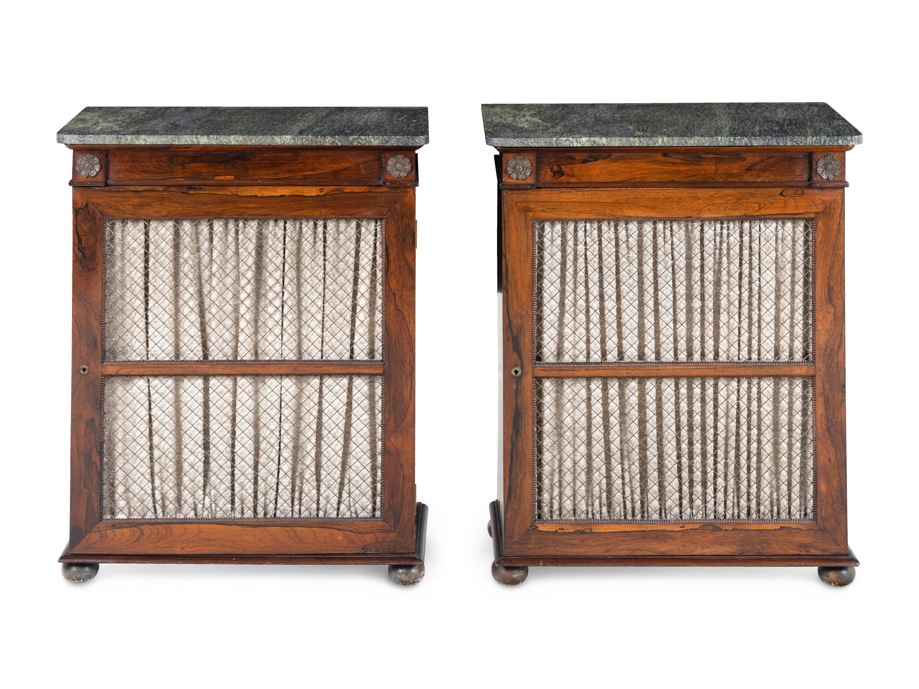 A Pair of Regency Style Indian Rosewood Marble-Top Cabinets