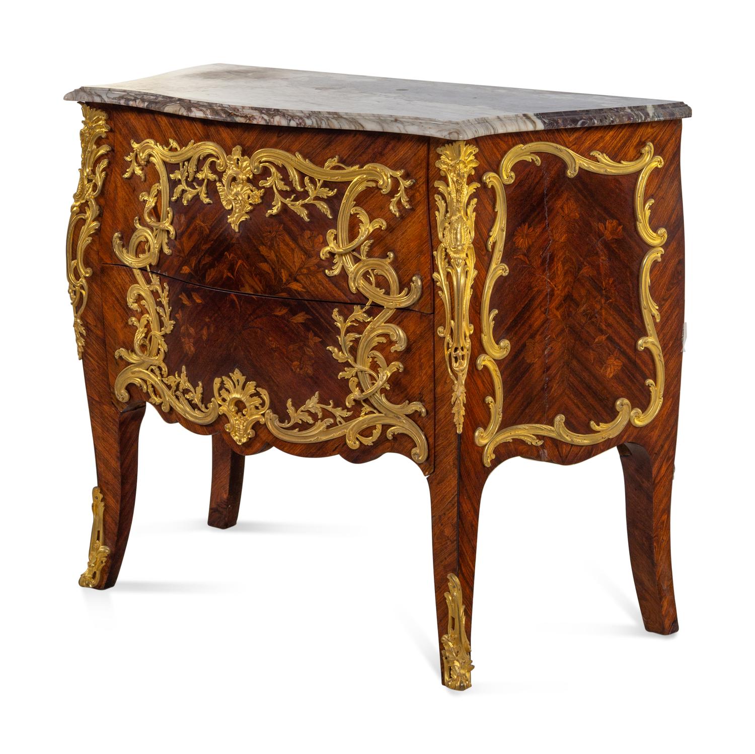 A Louis XV Style Gilt Bronze Mounted Marquetry Marble-Top Bombe Commode