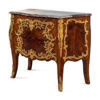 A Louis XV Style Gilt Bronze Mounted Marquetry Marble-Top Bombe Commode