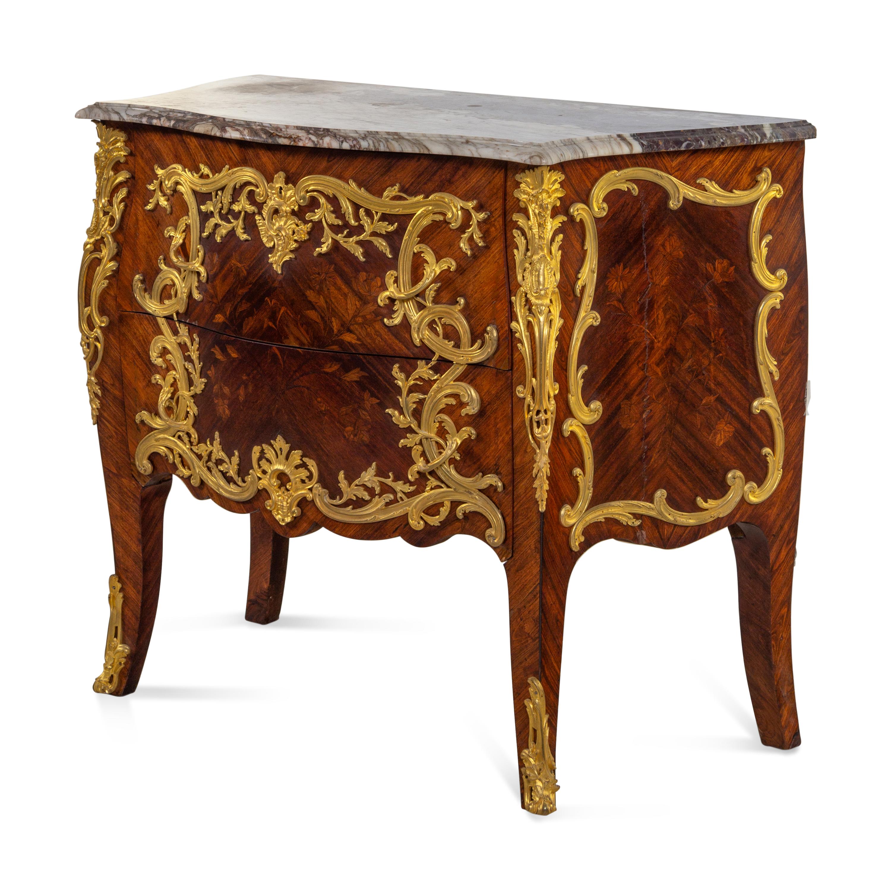 A Louis XV Style Gilt Bronze Mounted Marquetry Marble-Top Bombe Commode