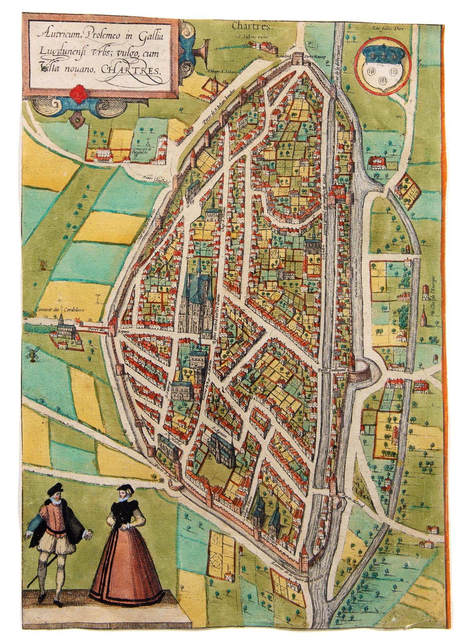 [BRAUN, Georg (1541-1622) & Frans HOGENBERG (1535-1590)]. Aurricum Ptolemeo in Gallia Lugdunensi urbs; vulgo, cum Villa nouano, Chartre