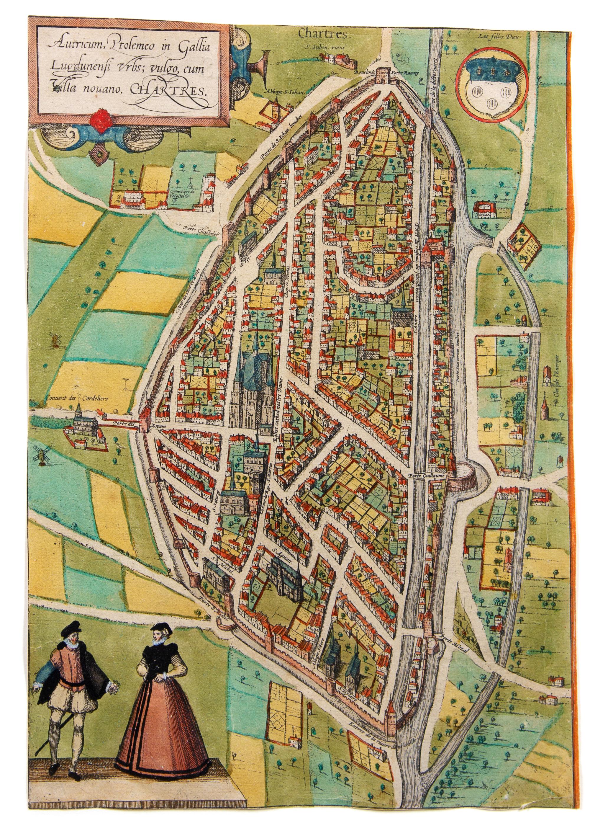 [BRAUN, Georg (1541-1622) & Frans HOGENBERG (1535-1590)]. Aurricum Ptolemeo in Gallia Lugdunensi urbs; vulgo, cum Villa nouano, Chartre
