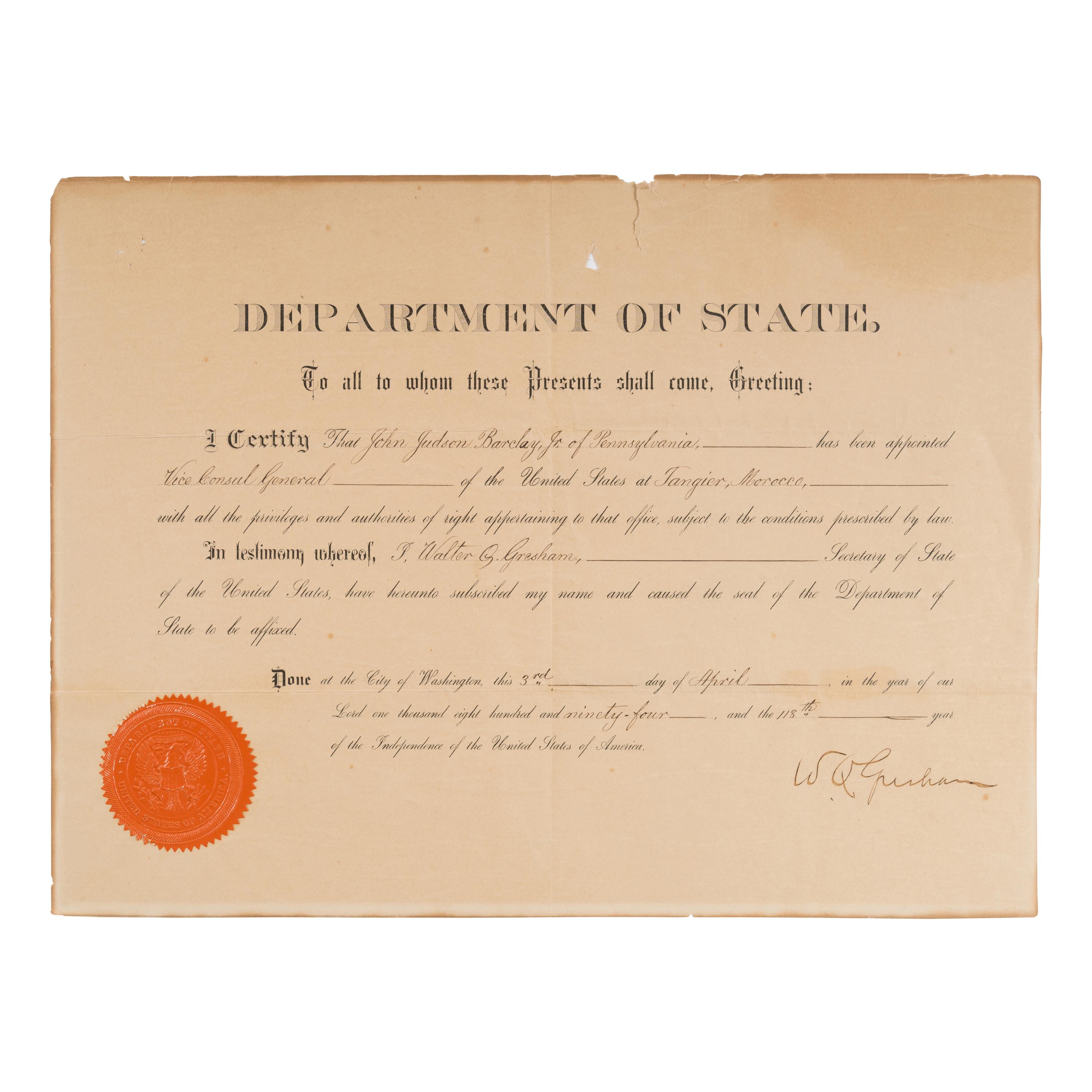 [Barclay, James Turner (1807-1874)]. Partly engraved passport document signed (“J. Turner Barclay”), issued to Barclay and countersigned by Daniel Webster as Secretary of State. Washington, D.C., 8 October 1850.