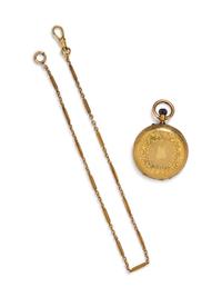 A 18 Karat Yellow Gold Open Face Pocket Watch and Yellow Gold Fob Chain,