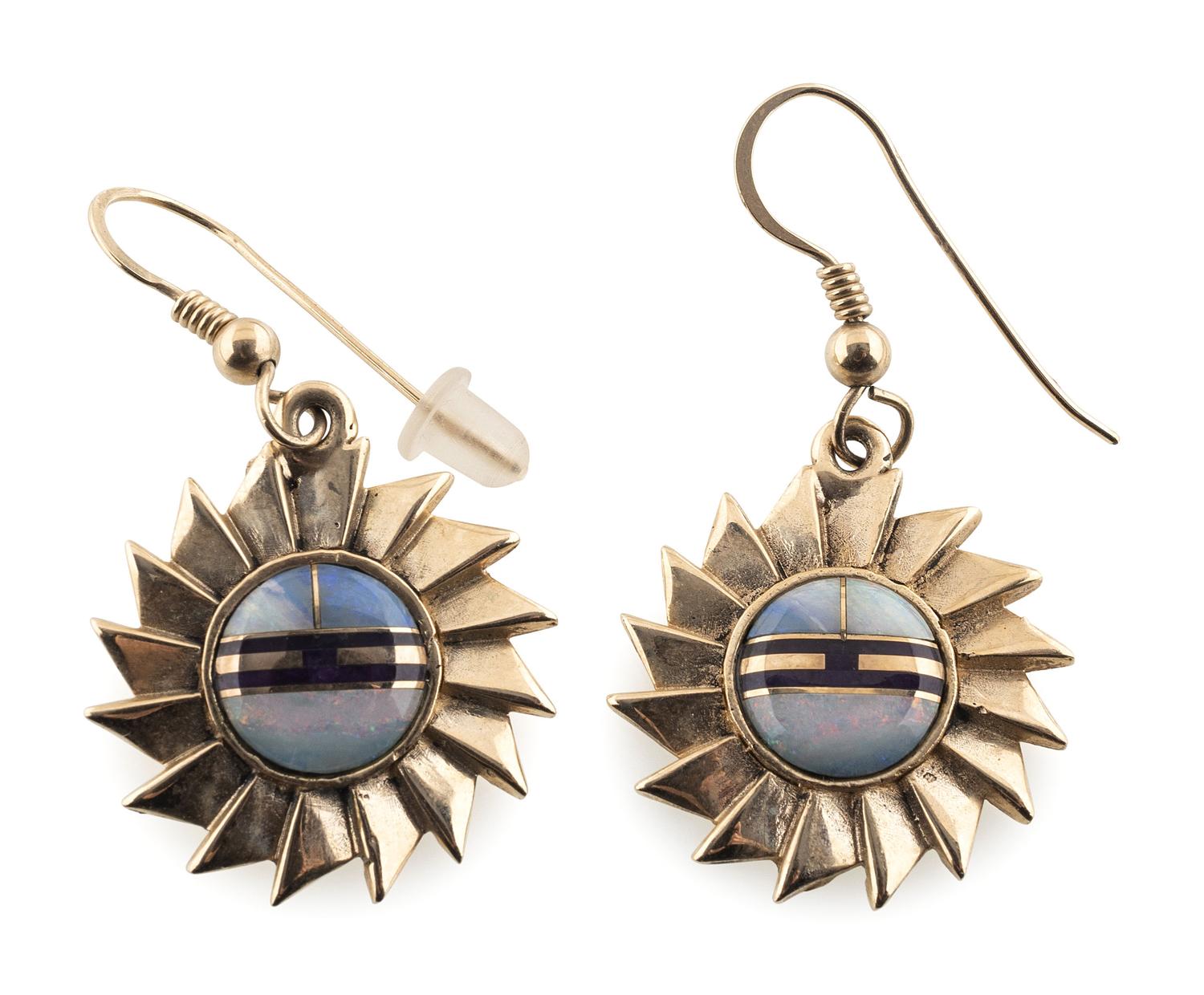 14k Gold and Inlay Sunface Hook Earrings, with Sugilite and Opal Channel Inlay