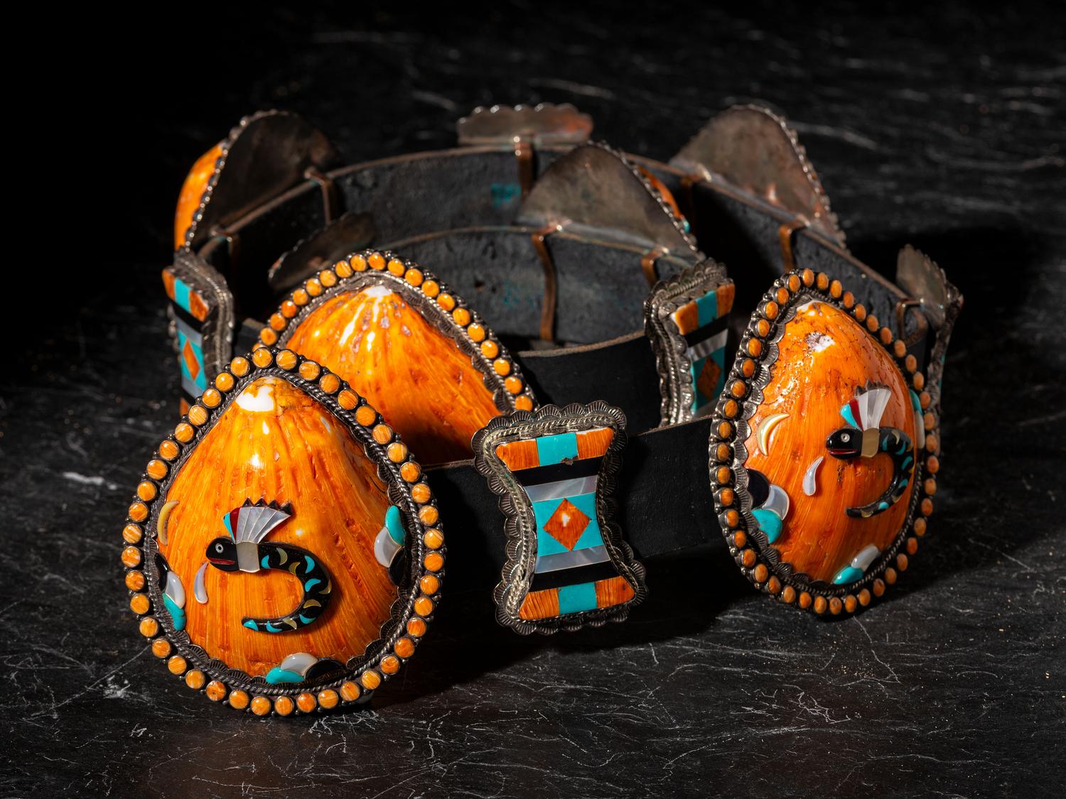 Navajo Sterling Silver and Spiny Oyster Inlaid Concha Belt