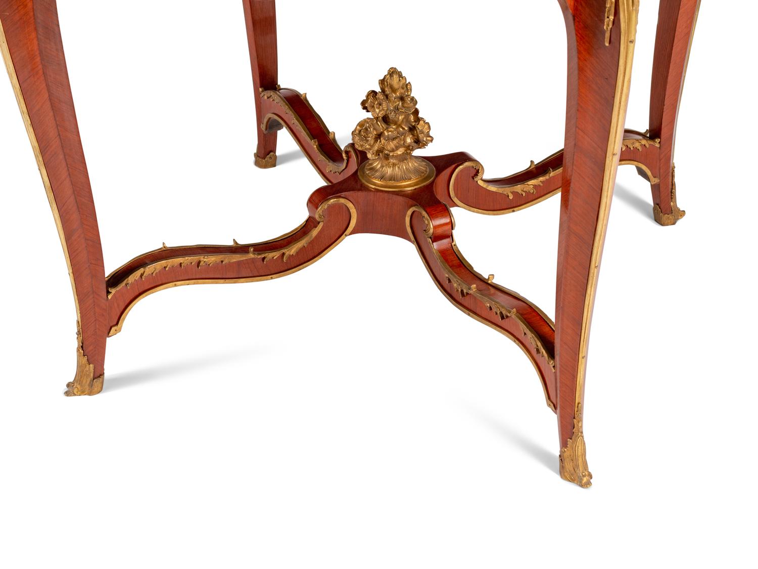 A Louis XV Style Gilt Bronze Mounted Parquetry Marble-Top Center Table