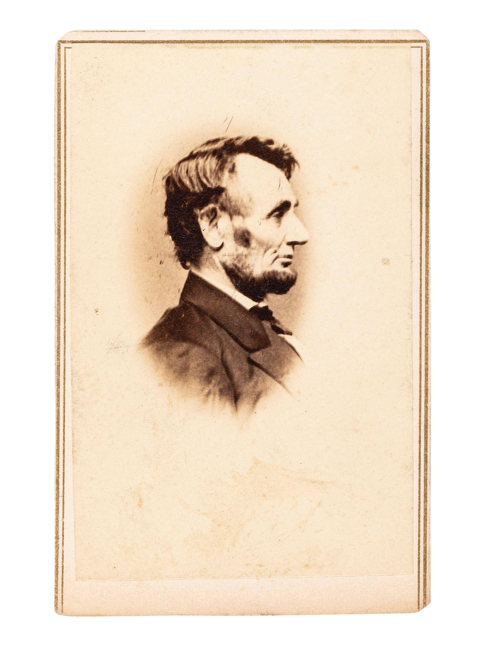 [LINCOLN, Abraham (1809-1865)]. BERGER, Anthony, photographer. CDV of Abraham Lincoln in profile. New York: E & H.T. Anthony, February 1864.