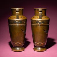 A Pair of Japanese Bronze and Mixed Metal Vases, 20th Century — 近代 日本金工鳳紋賞瓶一對