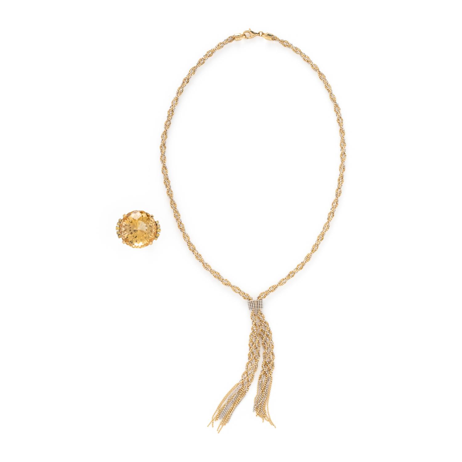 YELLOW GOLD AND CITRINE RING AND FRINGE NECKLACE