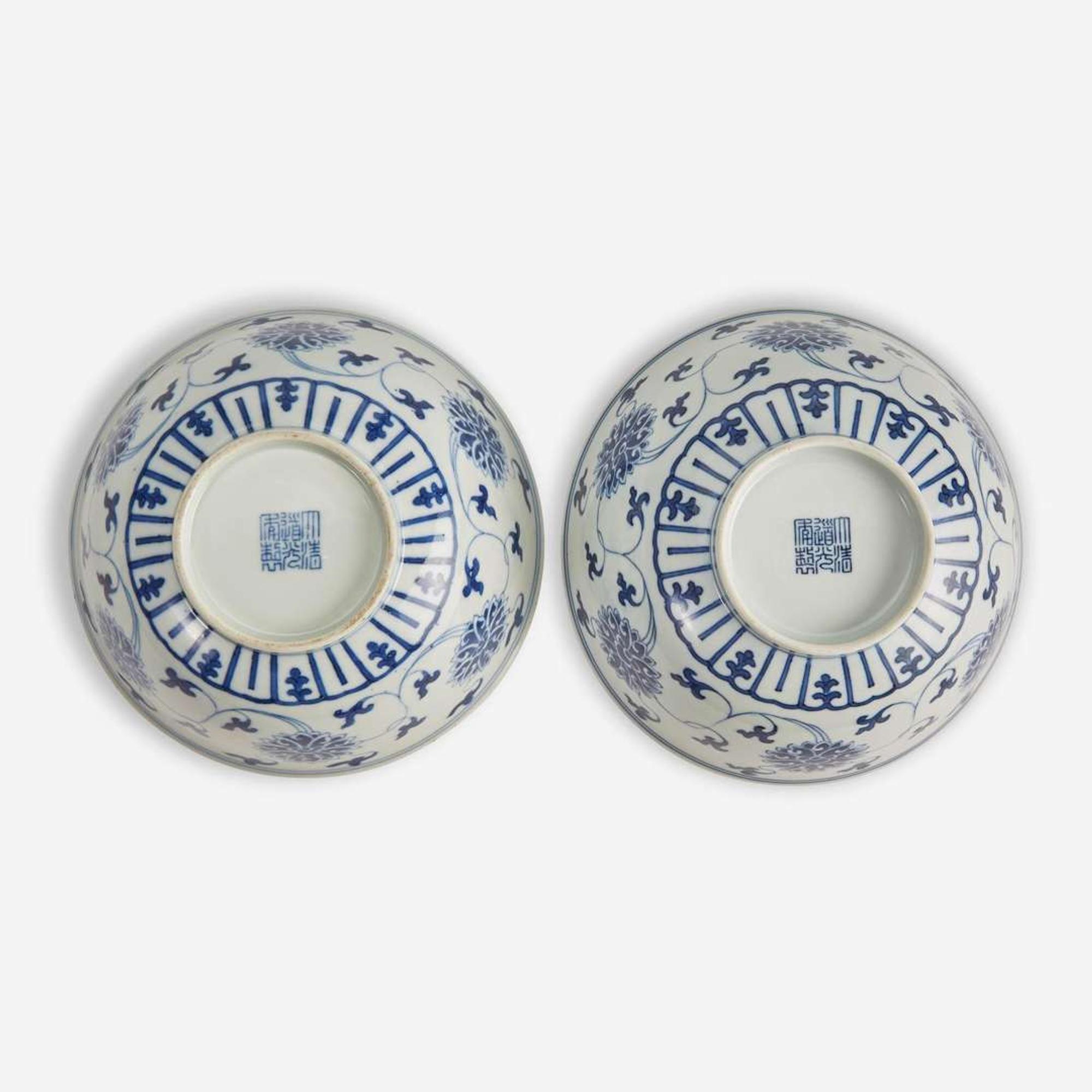 An associated pair of Chinese blue and white porcelain "Lotus" bowls 青花缠枝莲纹碗一对 Daoguang mark and probably of the period ??? ????