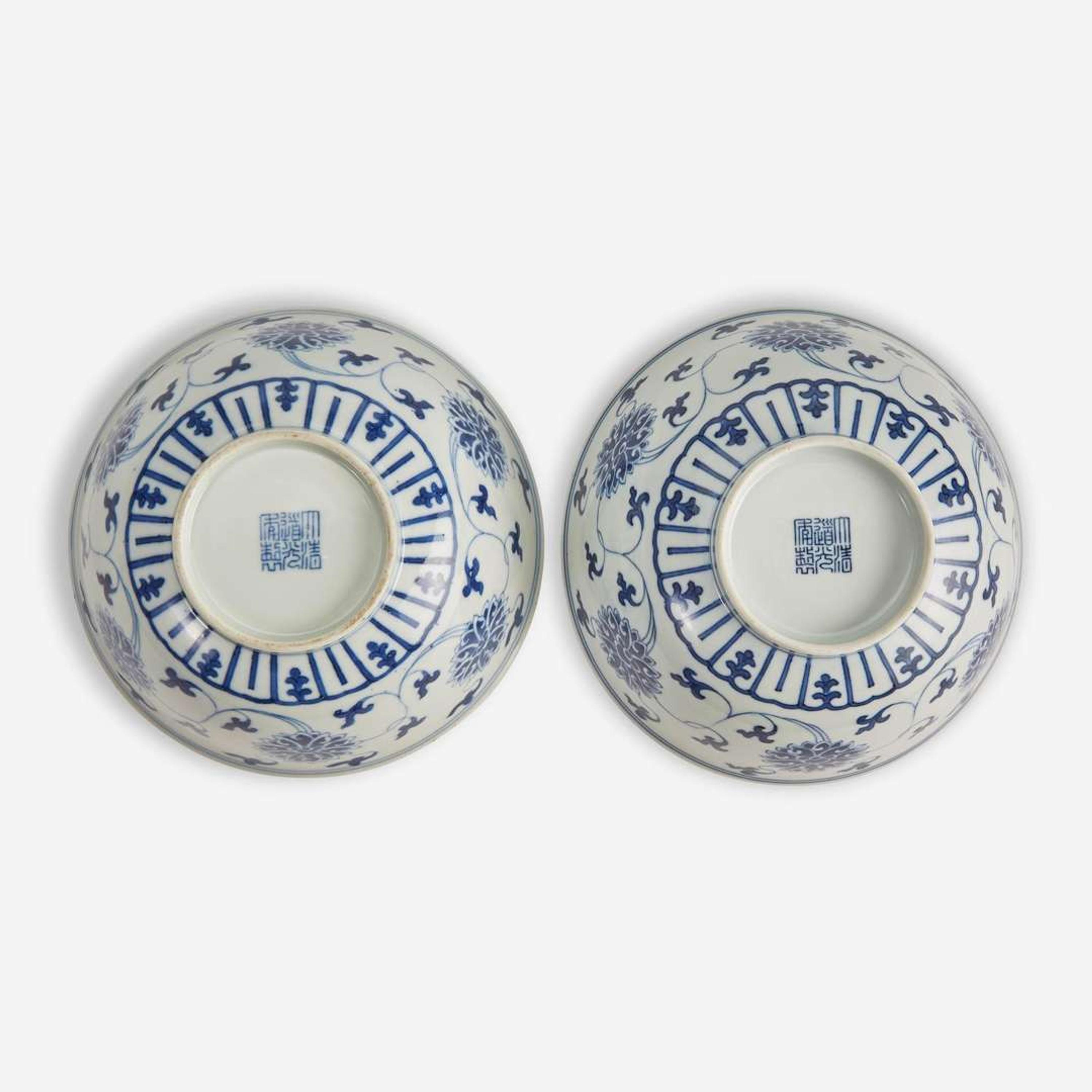 An associated pair of Chinese blue and white porcelain "Lotus" bowls 青花缠枝莲纹碗一对 Daoguang mark and probably of the period ??? ????